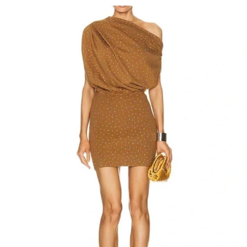 One-Shoulder Mini Dress in Camel with Stud Detail